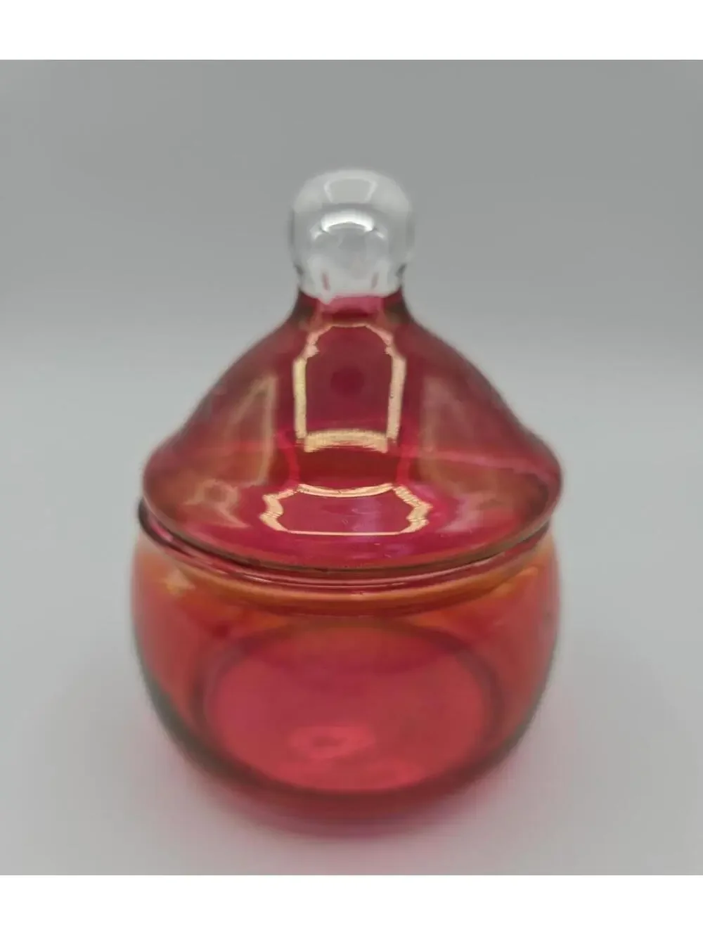 Vintage Cranberry Pink Art Glass Covered Trinket Jar Etched Floral Candy Dish